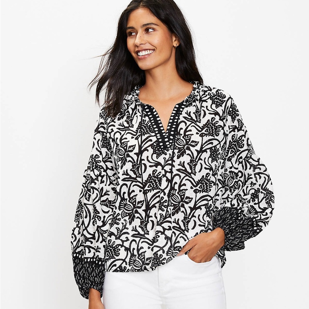 LOFT - Black and White Boho Blouse, Size Small